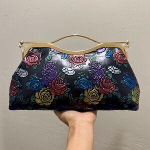 Colorful Rose Embossed Cowhide Top Handle & Double Kisslock Handbag/Crossbody